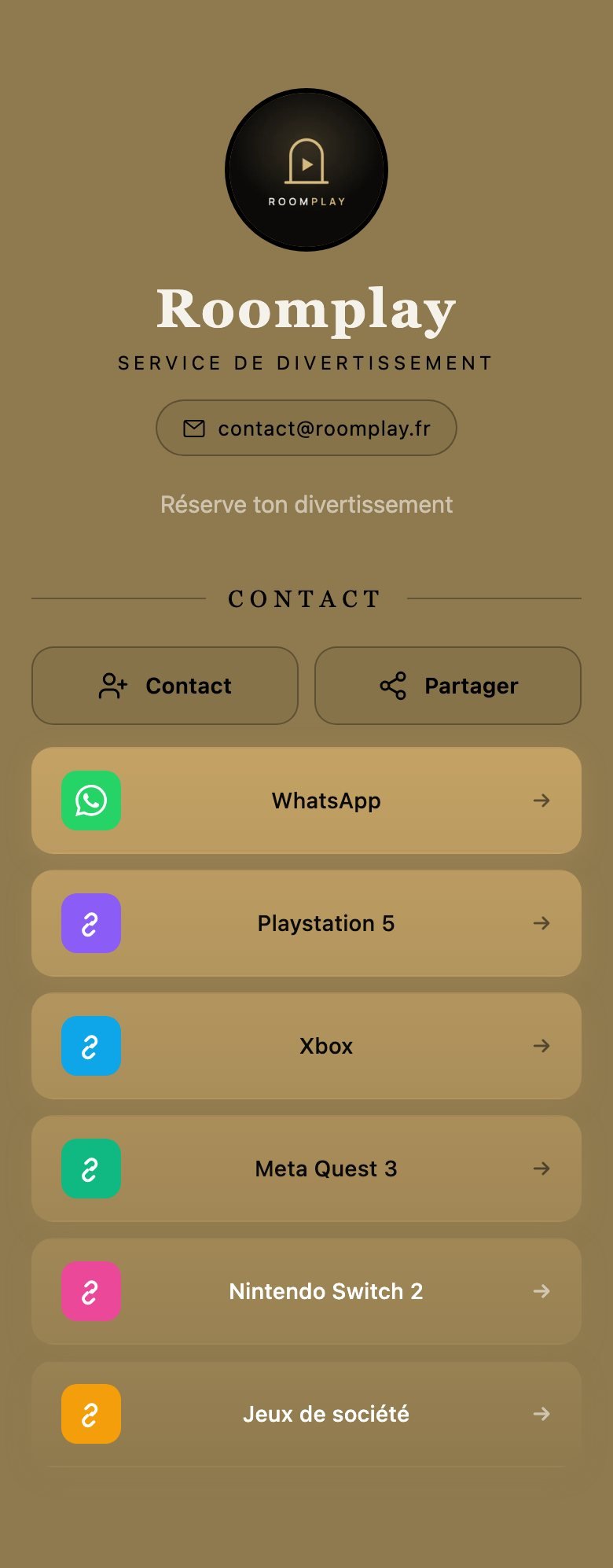 Aperçu du profil RoomPlay sur téléphone : WhatsApp, PlayStation 5, Xbox, Meta Quest 3, Nintendo Switch 2 et jeux de société